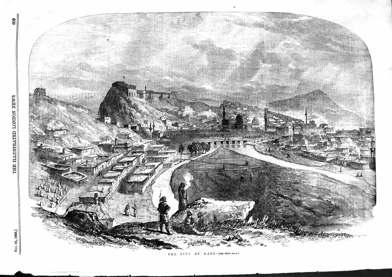 Original Old Antique Print 1855 View City Kars Mountains Siers Houses Victorian