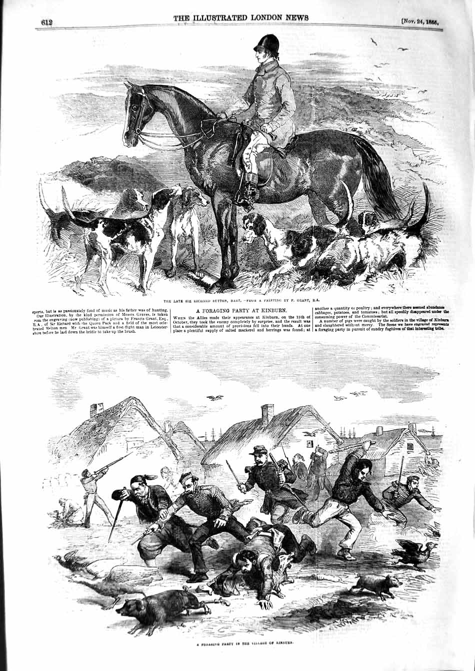 Old Antique Print 1855 Richard Sutton Hunt Foraging Party Village Kinburn 19th