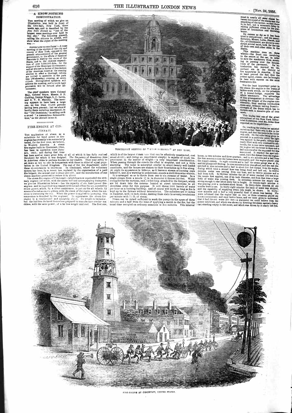 Original Old Antique Print 1855 Torchlight Know-Nothings Fire-Engine Cin 19th