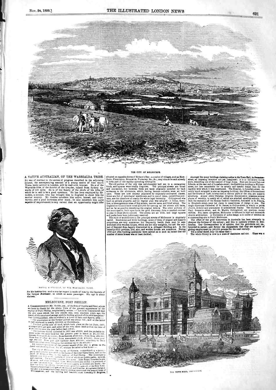 Original Old Antique Print 1855 View Melbourne Town Hall Warrialda Tribe Man