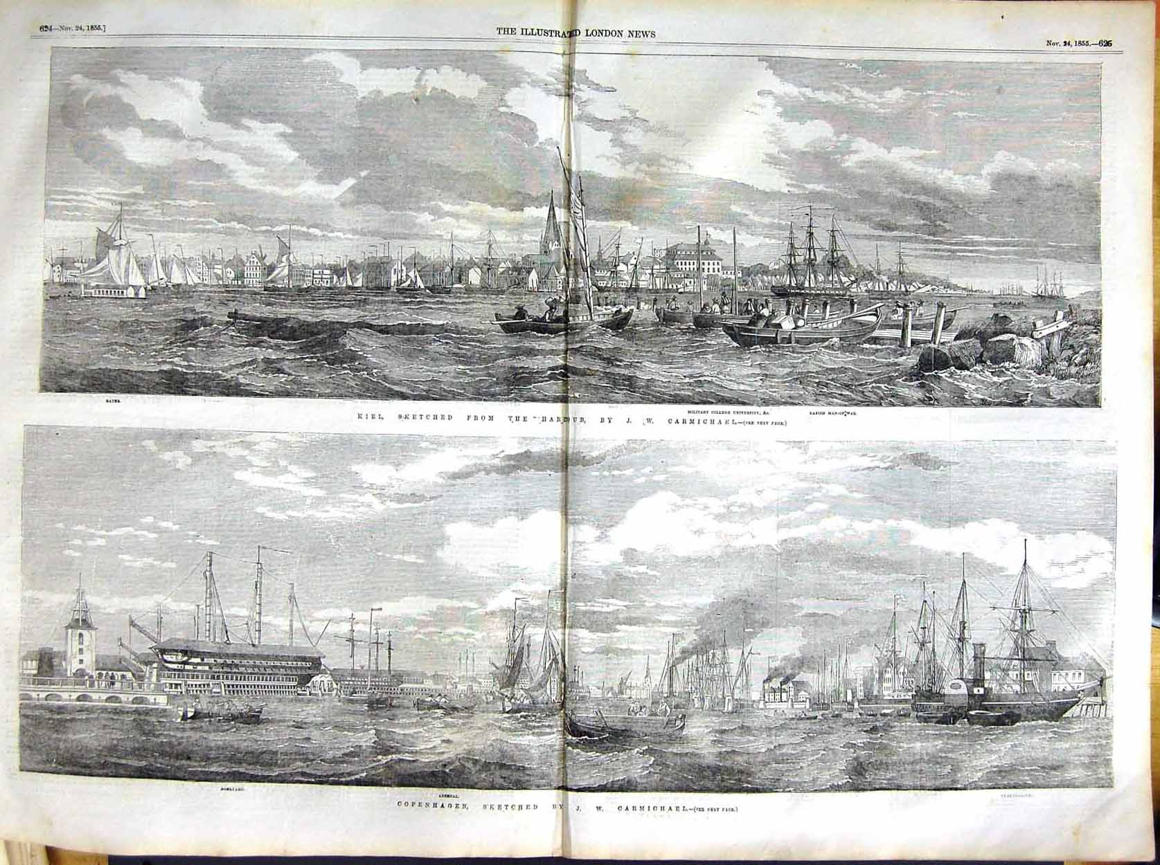 Old Antique Print 1855 View Kiel Harbour Ships Copenhagen Arsenal Baths 19th