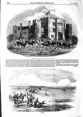 Old Antique Print 1855 Hunting Hever Castle Meet Horses Hounds Coursing 19th