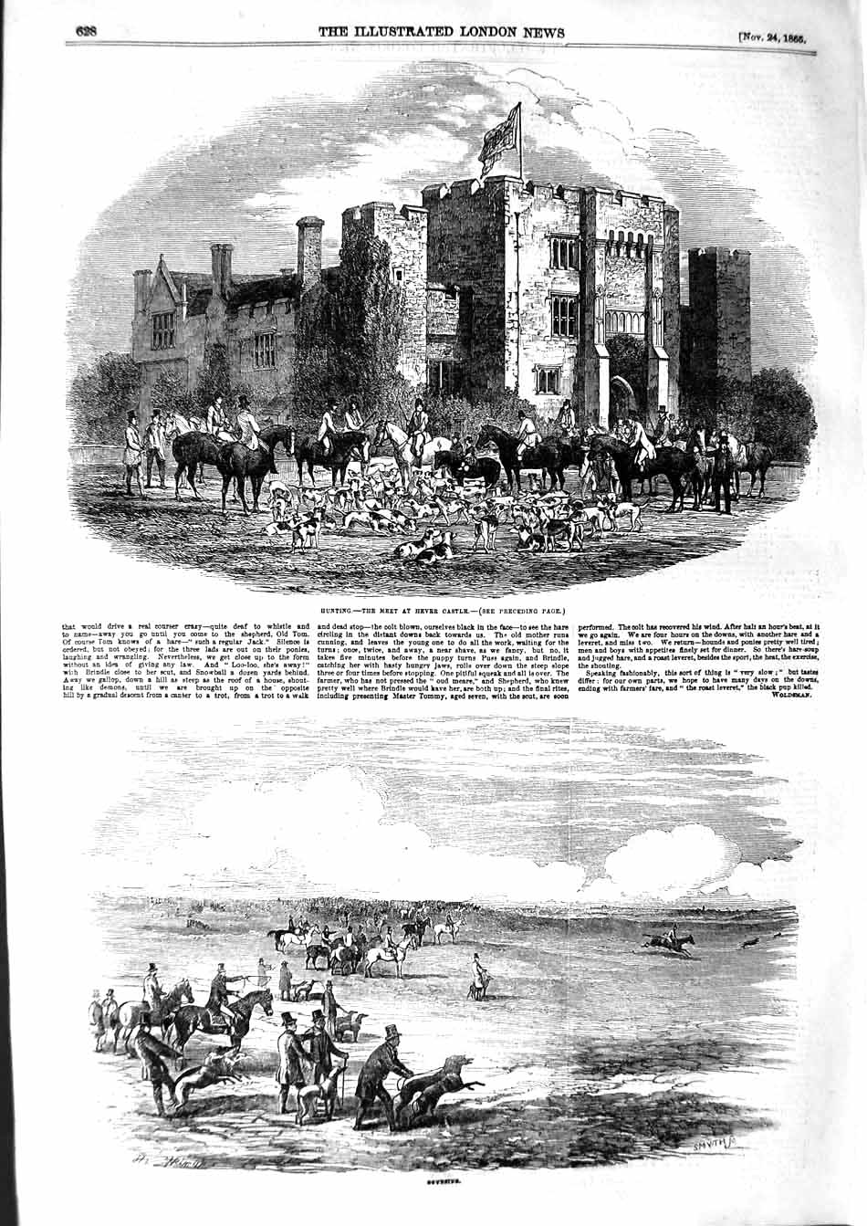 Old Antique Print 1855 Hunting Hever Castle Meet Horses Hounds Coursing 19th