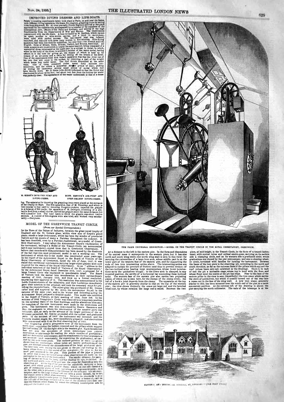 Original Old Antique Print 1855 Observatory Greenwich School Finchley Sie 19th