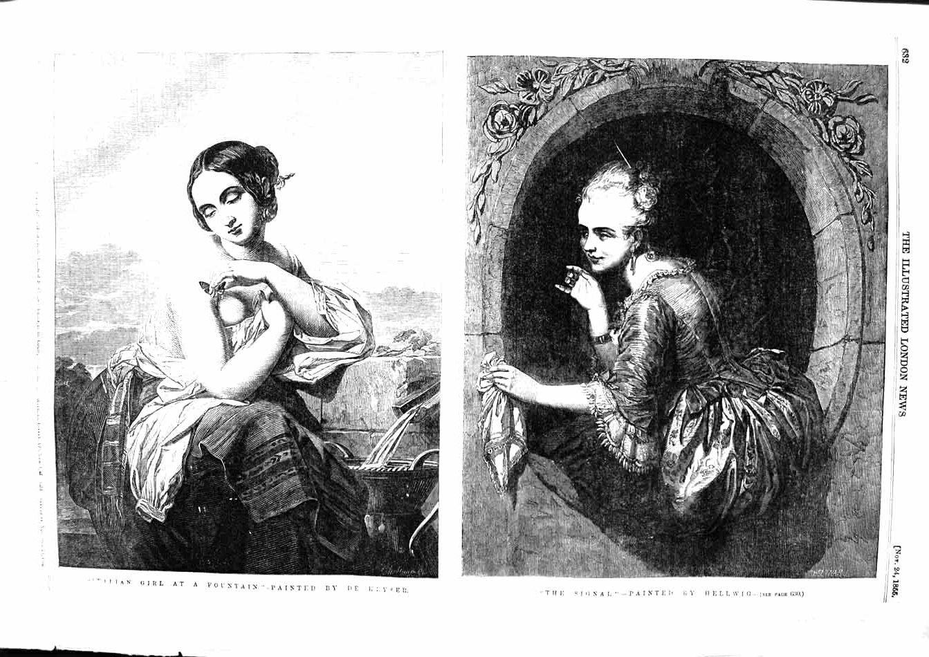 Original Old Antique Print 1855 Portrait Italian Girl Fountain Woman Scarf 19th