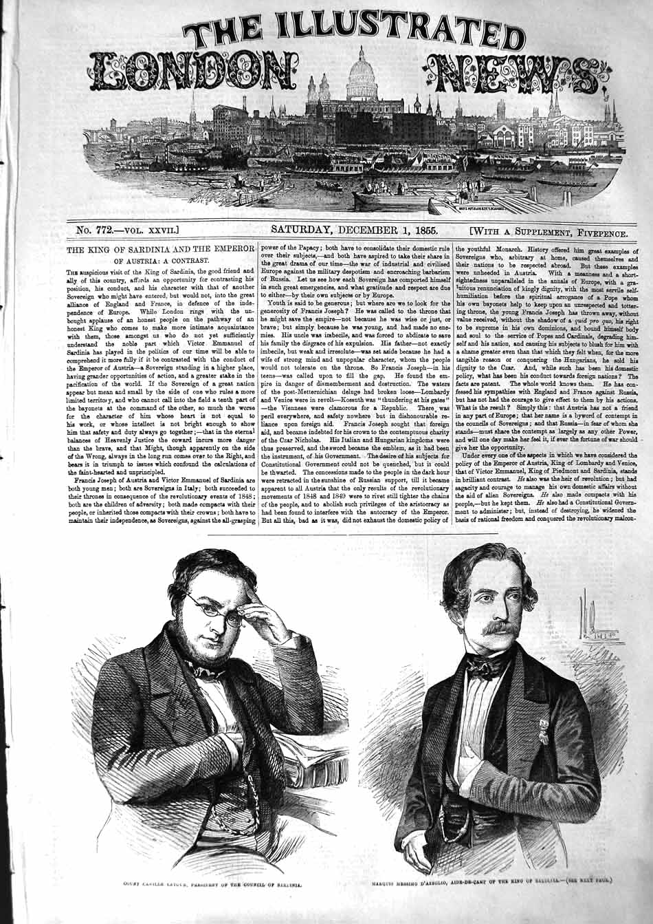 Old Antique Print 1855 Count Camille Cavour President Sardinia D'Azeglio 19th