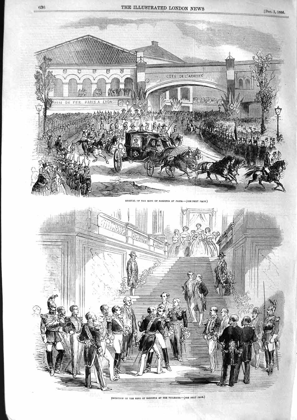 Original Old Antique Print 1855 King Sardinia Paris Reception Tuileries France