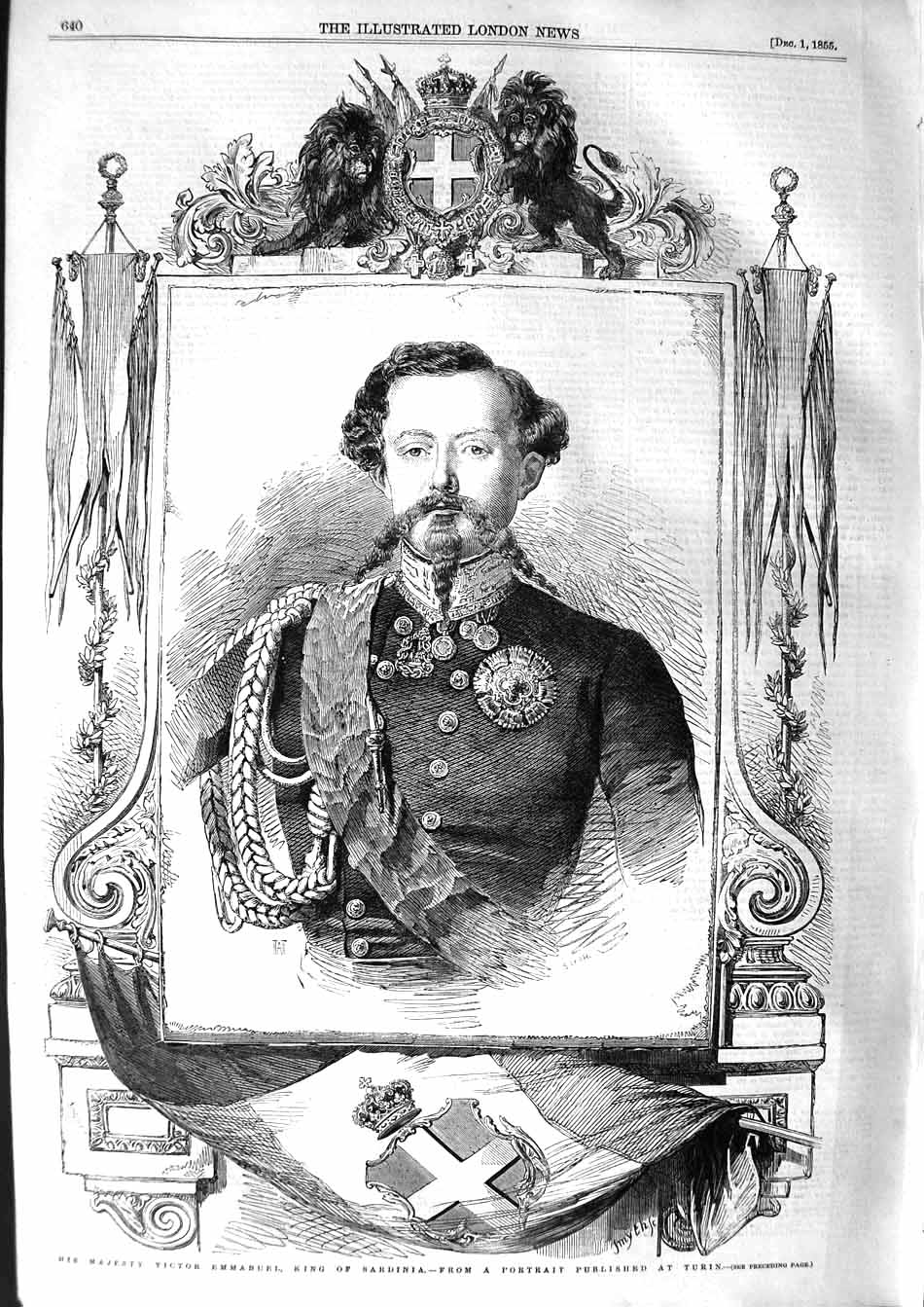 Old Antique Print 1855 Portrait His Majesty Victor Emmanuel King Sardinia 19th