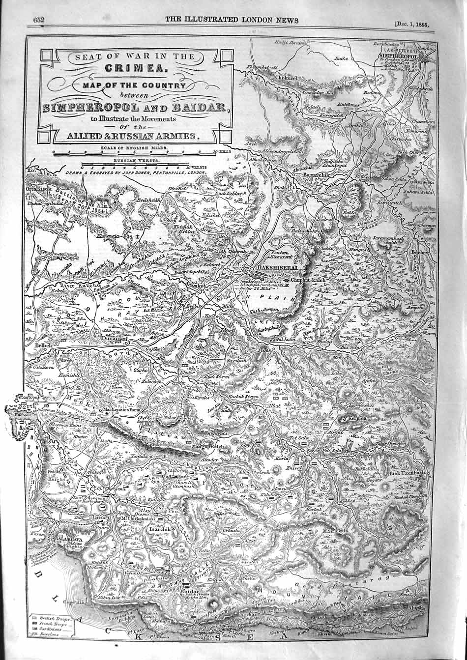 Original Old Antique Print 1855 Map Country Simpheropol Baidar Cri Victorian