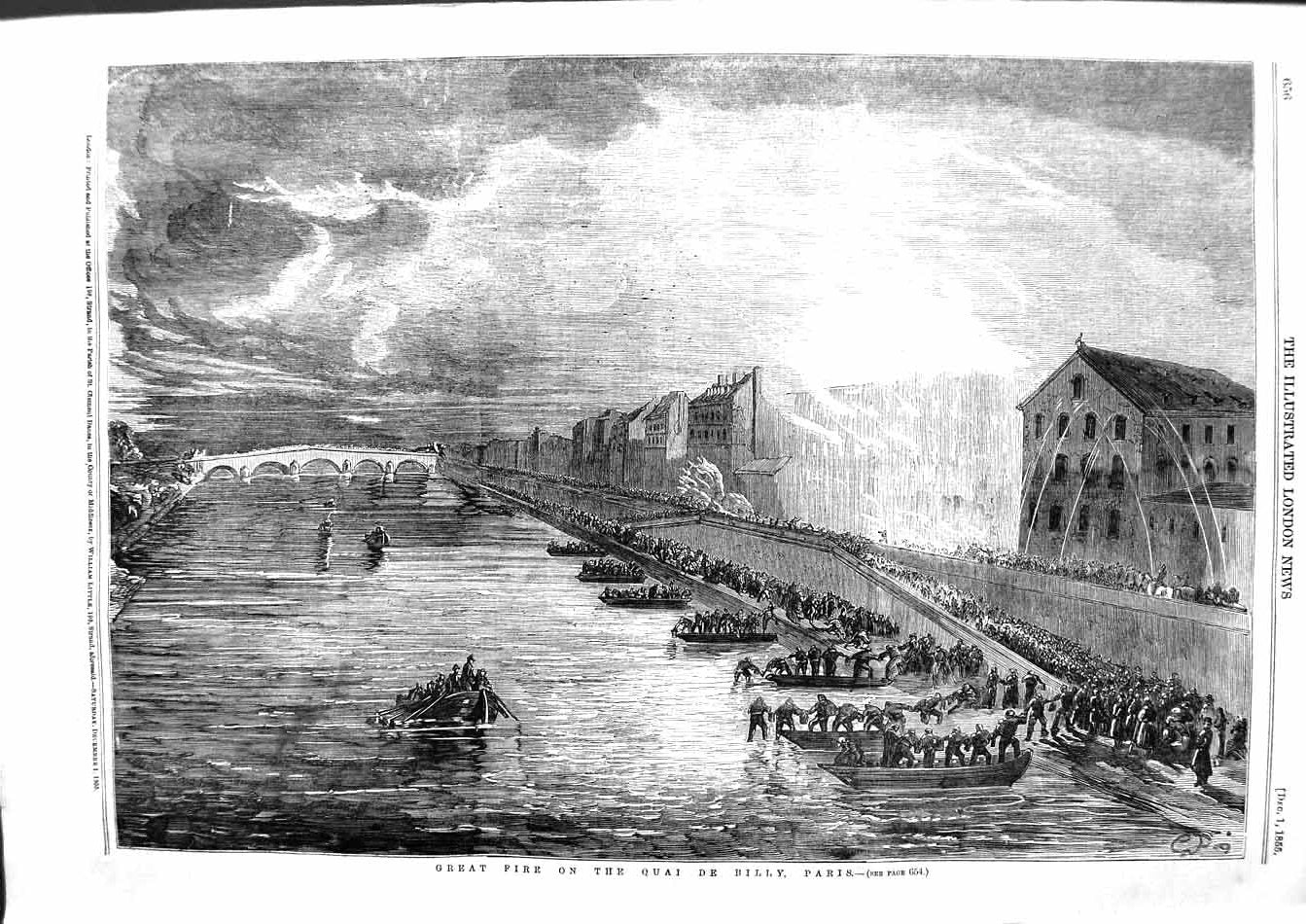 Old Antique Print 1855 Fire Quai De Billy Paris France River Boats Bridge 19th