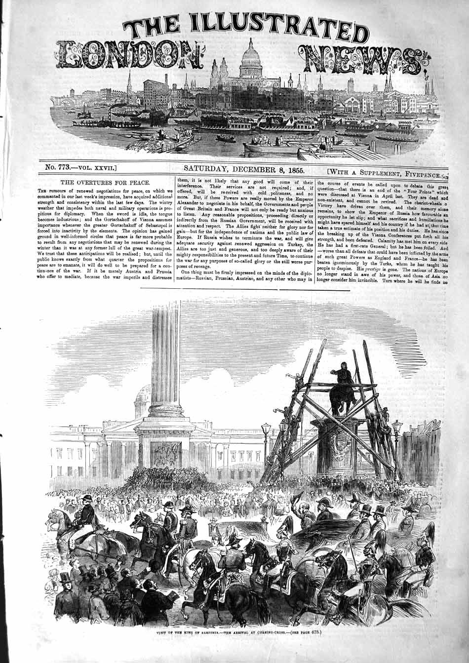 Original Old Antique Print 1855 King Sardinia Charing-Cross London Horses 19th