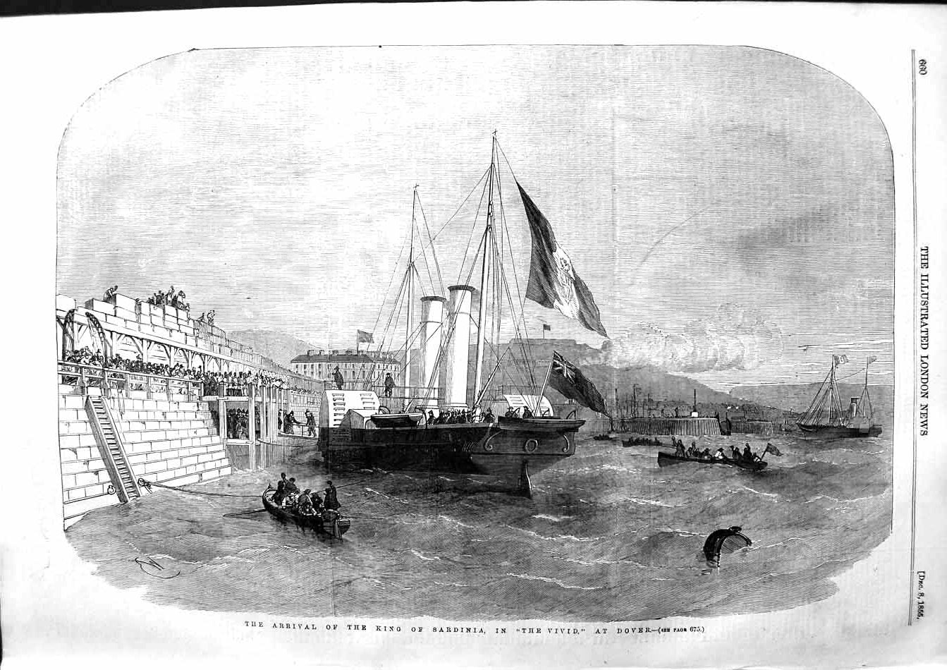 Original Old Antique Print 1855 Arrival King Sardinia Vivid Ship Dover England