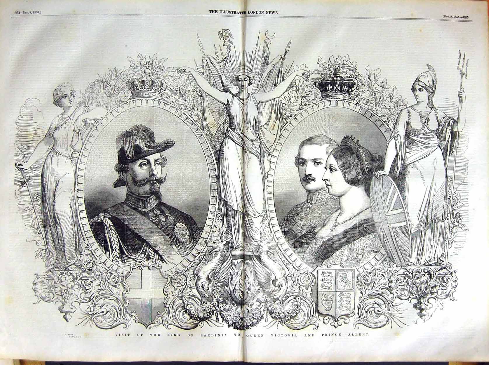 Original Old Antique Print 1855 Portrait King Sardinia Queen Victoria Albert