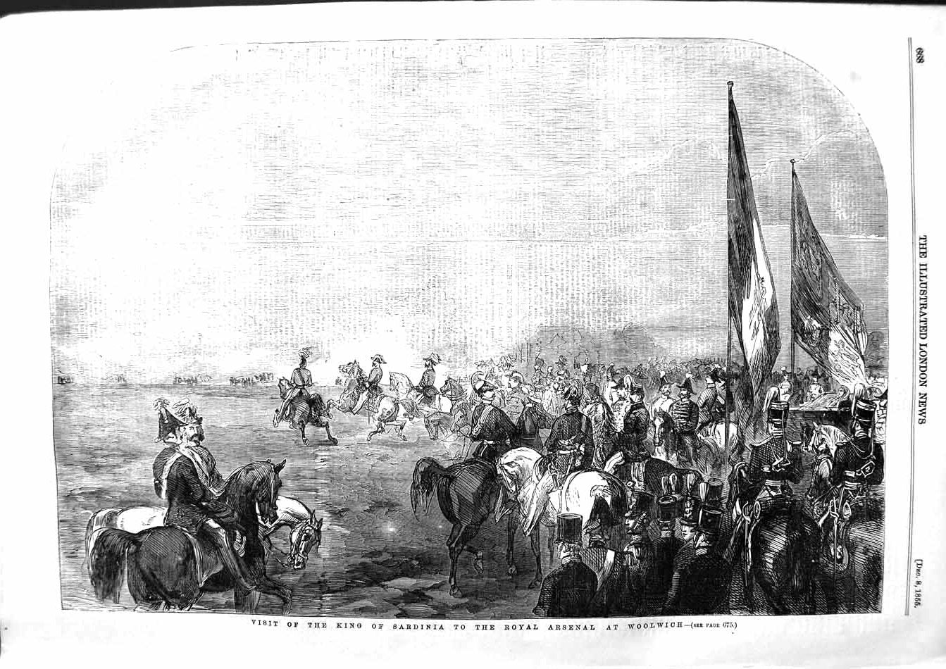 Original Old Antique Print 1855 King Sardinia Royal Arsenal Woolwich Siers 19th
