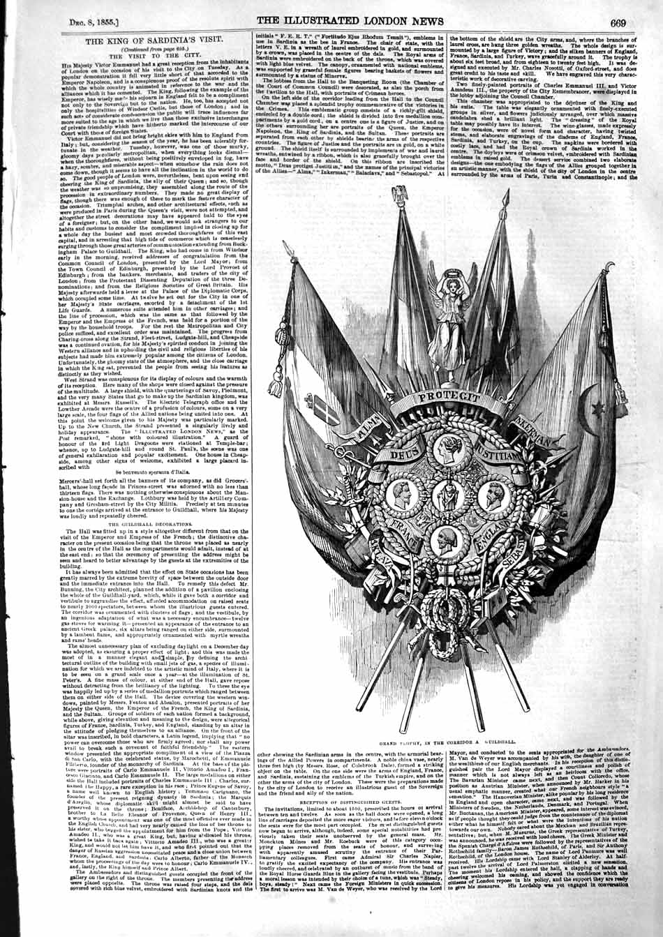 Original Old Antique Print 1855 Grand Trophy Corridor Guildhall Inkerman 19th