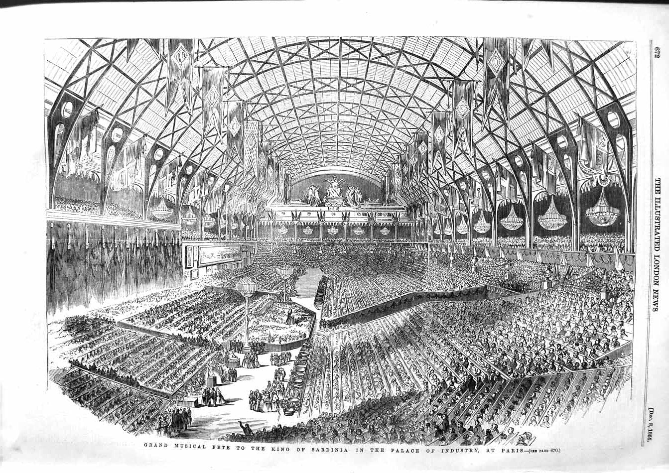 Old Antique Print 1855 Grand Musical Fete King Sardinia Palace Industry 19th