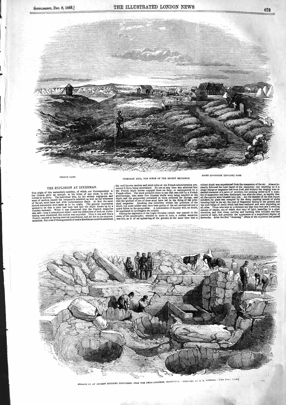 Original Old Antique Print 1855 French Inkerman Hill Ruins Building Sebastopol