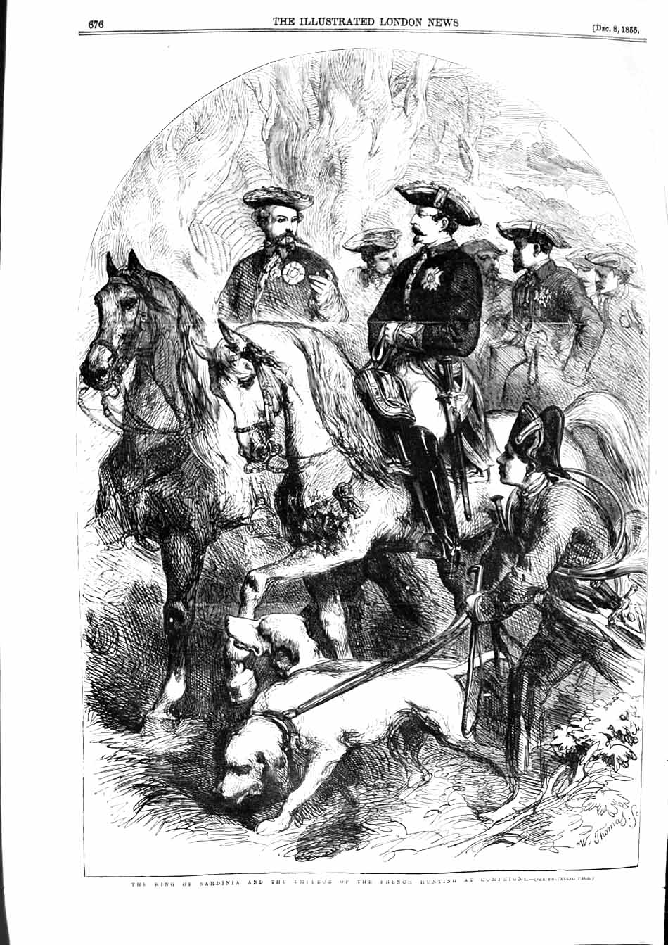 Antique Old Print *3198 1855 King Sardinia Emperor French Hunting Compeigne