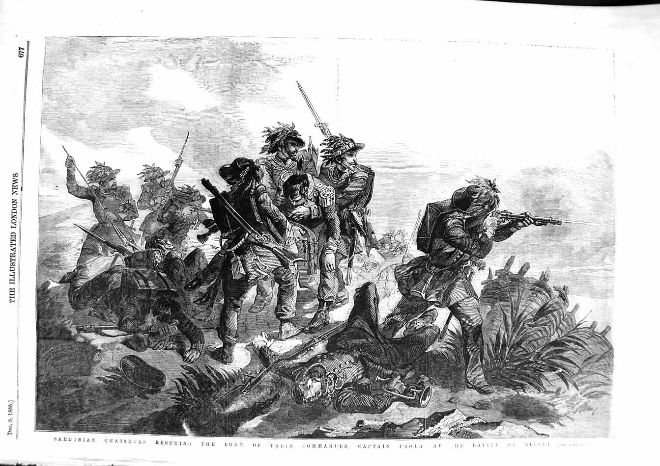 Original Old Antique Print 1855 Sardinian Chasseurs Rescuing Body Captian Prola