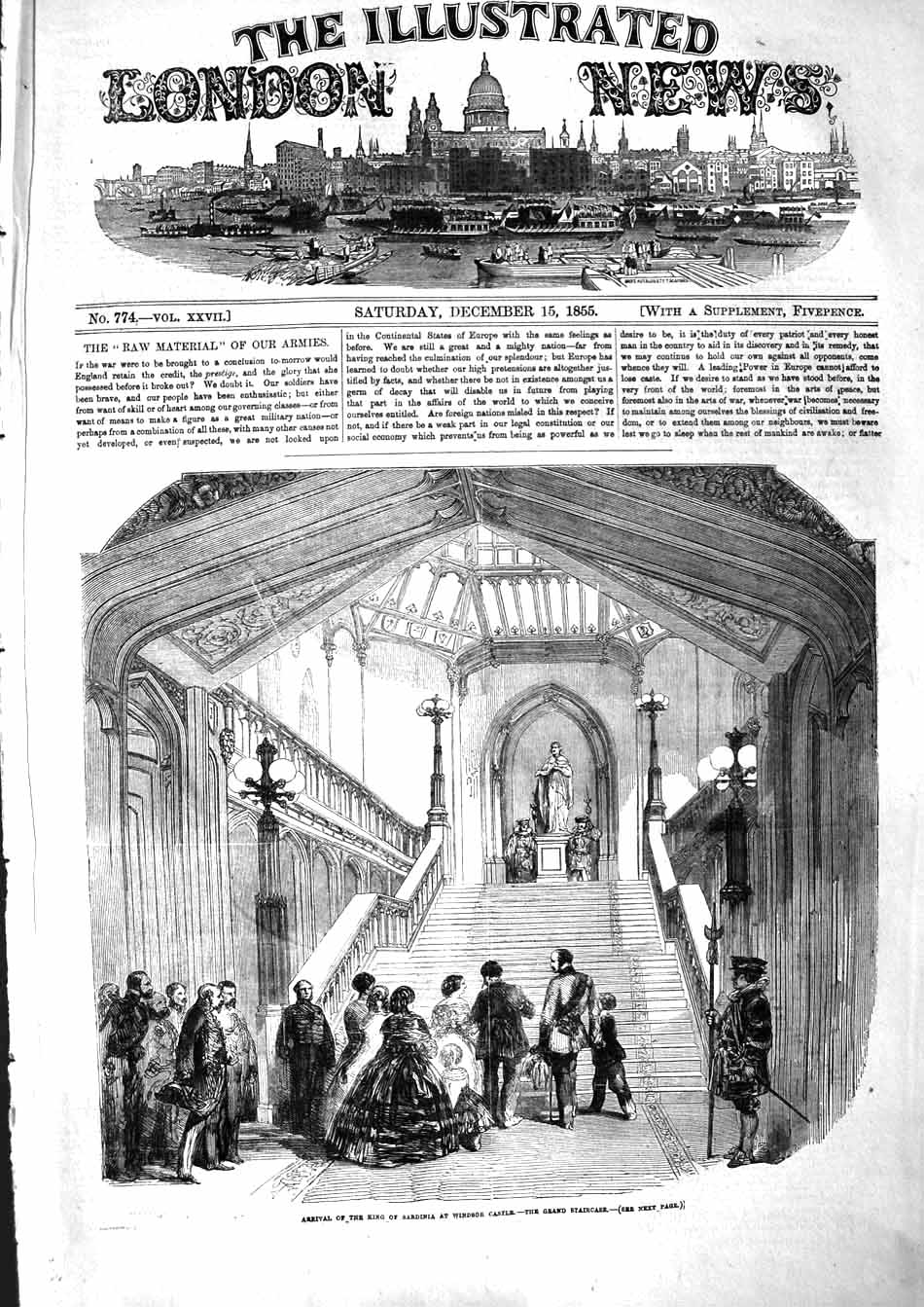 Original Old Antique Print 1855 King Sardinia Windsor Castle London Staircase
