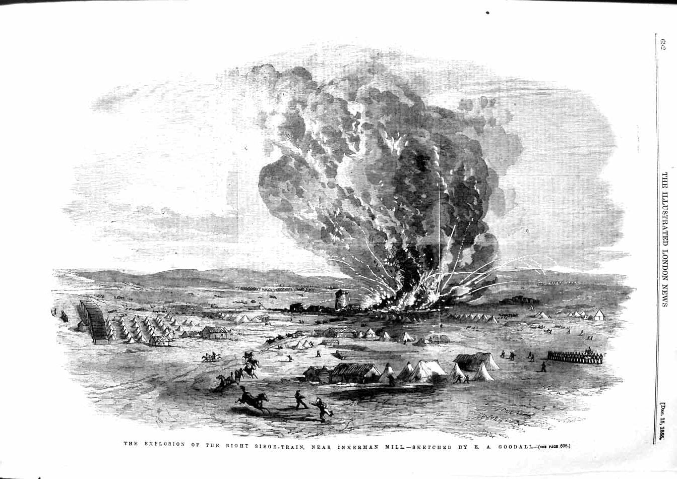 Old Antique Print 1855 Explosion Right Siege-Train Inkerman Mill Goodall 19th