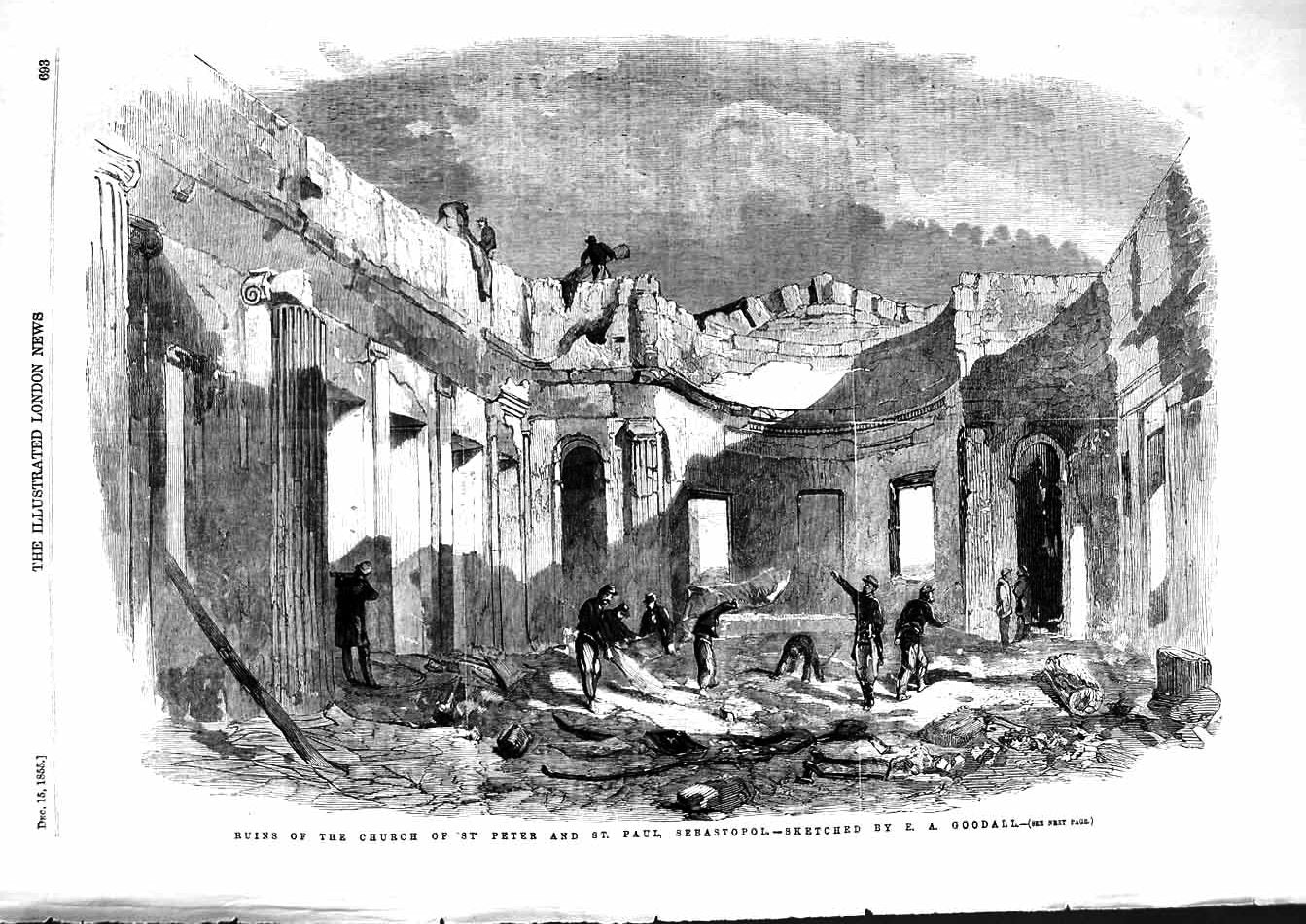 Original Old Antique Print 1855 Ruins Church St. Peter Paul Sebastopol Goodall