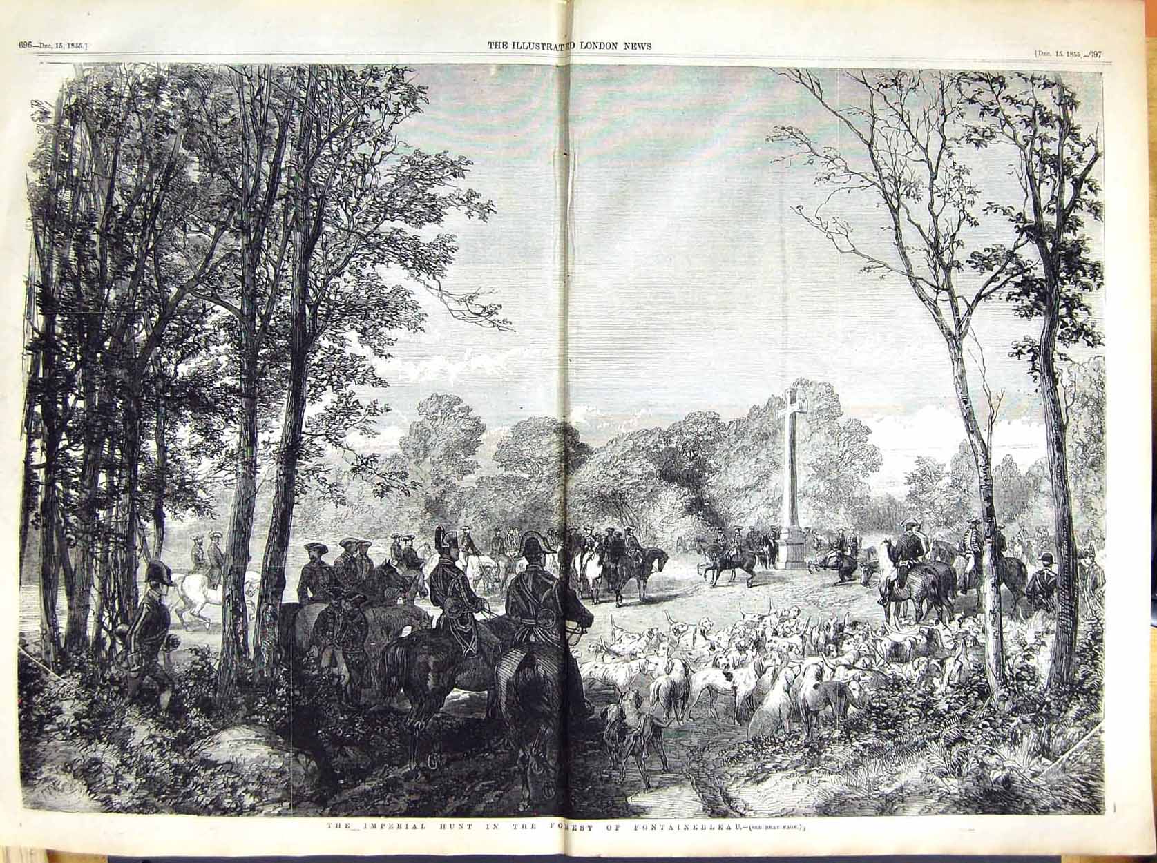Old Antique Print 1855 Imperial Hunt Forest Fontainebleau Hunting Sport 19th