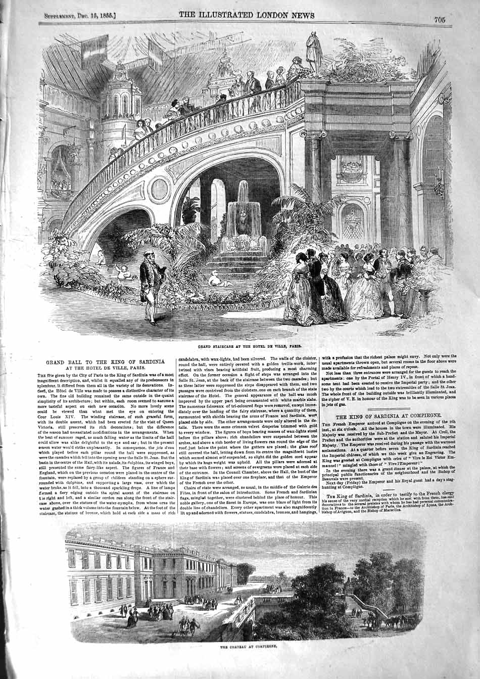 Old Antique Print 1855 Staircase Hotel De Ville Paris Chateau Compeigne 19th