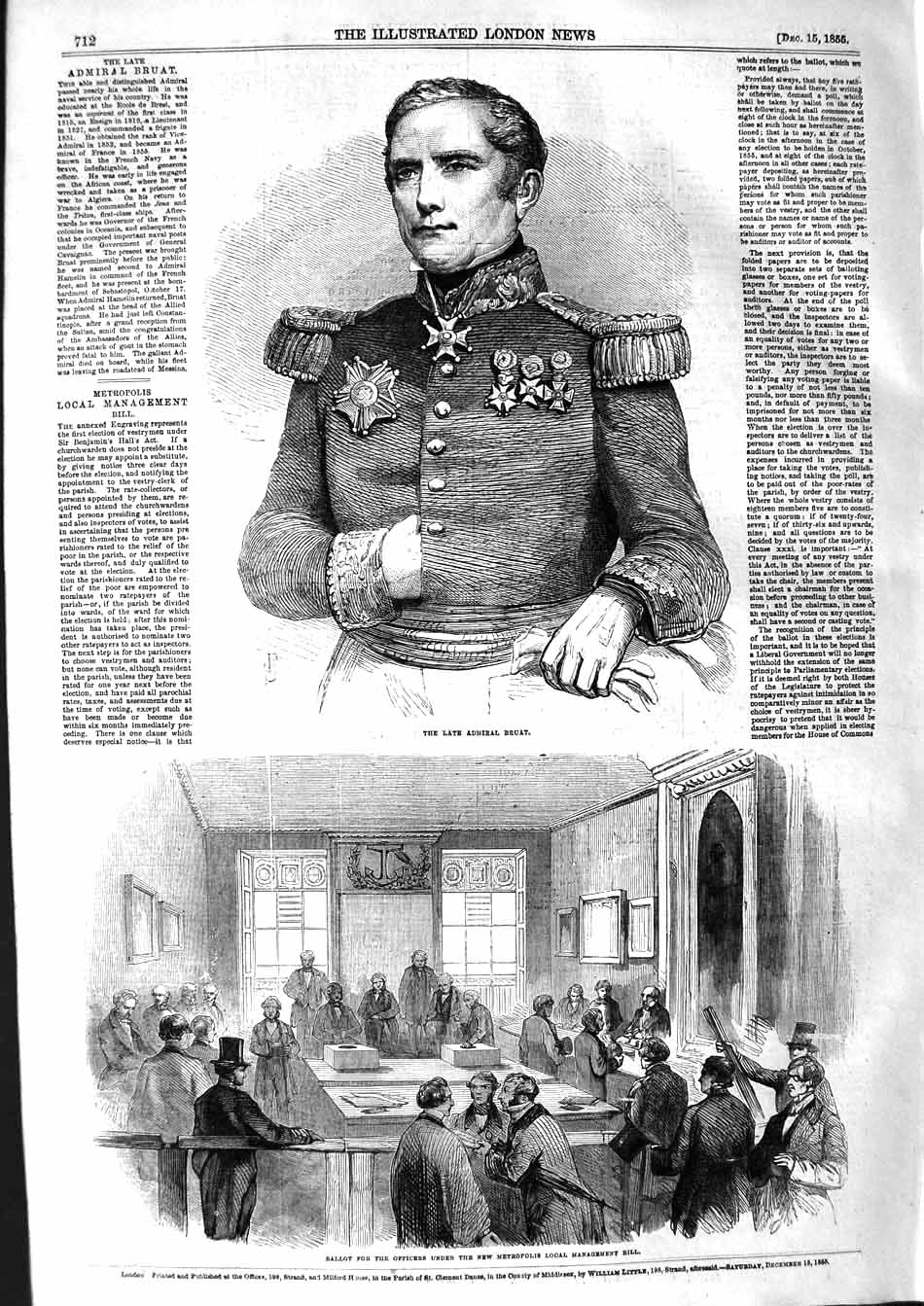 Original Old Antique Print 1855 Admiral Bruat Ballot Metropolis Management Bill
