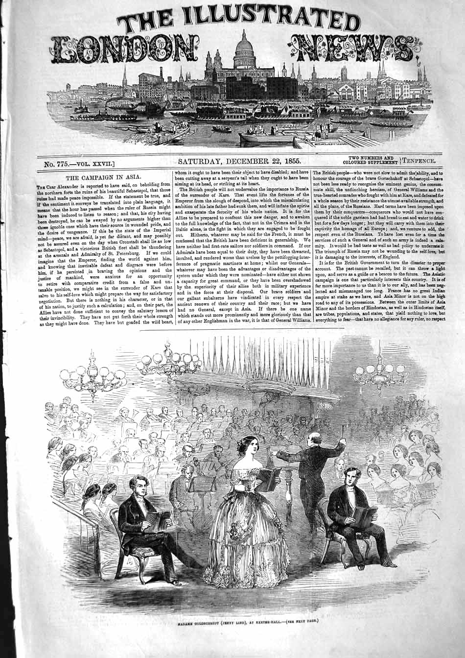 Original Old Antique Print 1855 Madame Gschmidt Jenny Lind Exeter Hall Opera