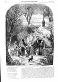 Original Old Antique Print 1855 Christmas Eve Cottager Family Market Goose 19th