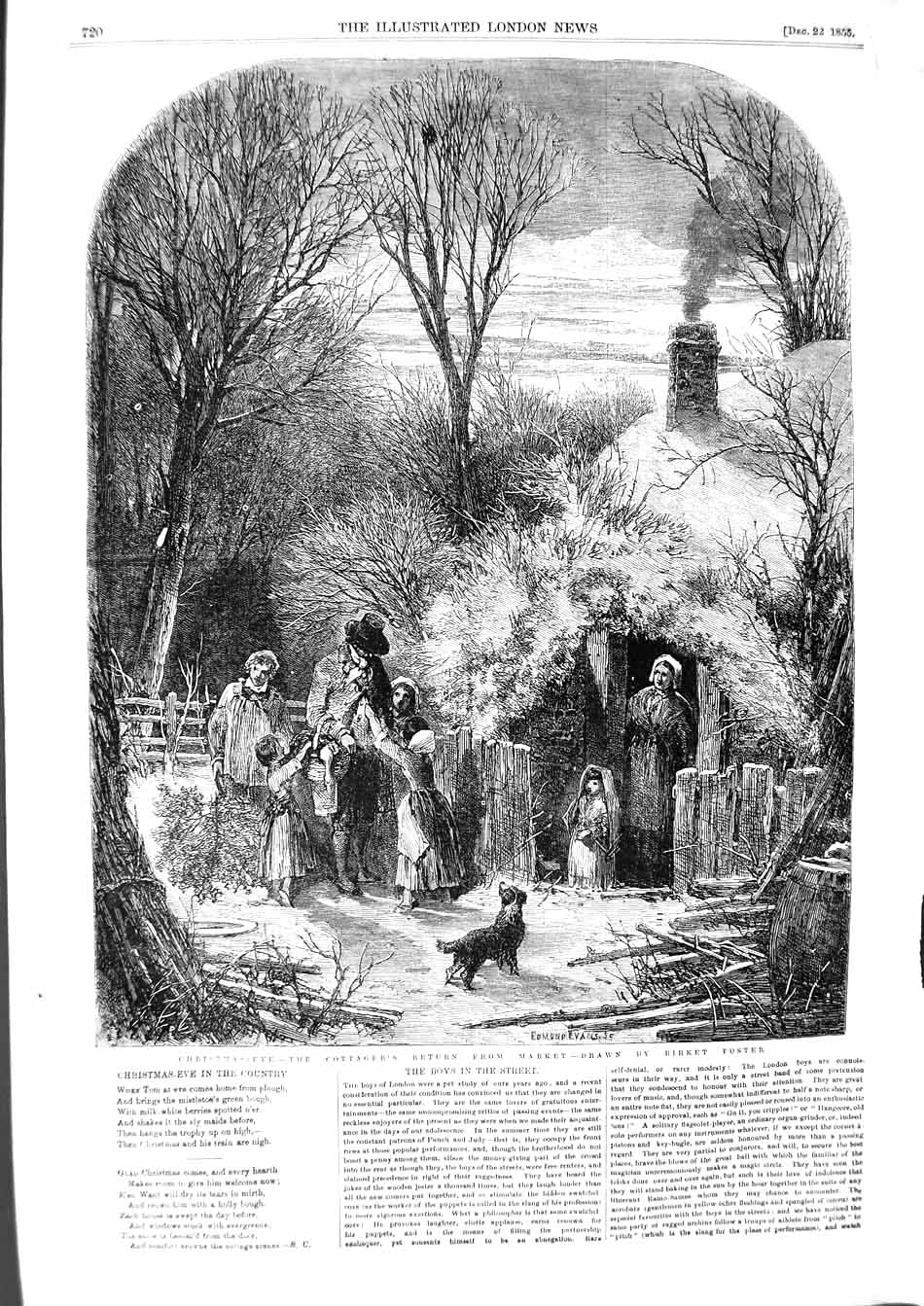 Original Old Antique Print 1855 Christmas Eve Cottager Family Market Goose 19th
