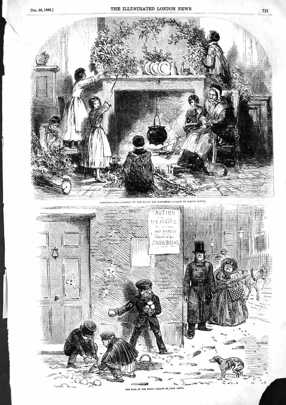 Original Old Antique Print 1855 Christmas House Scene Children Boys Snow Winter