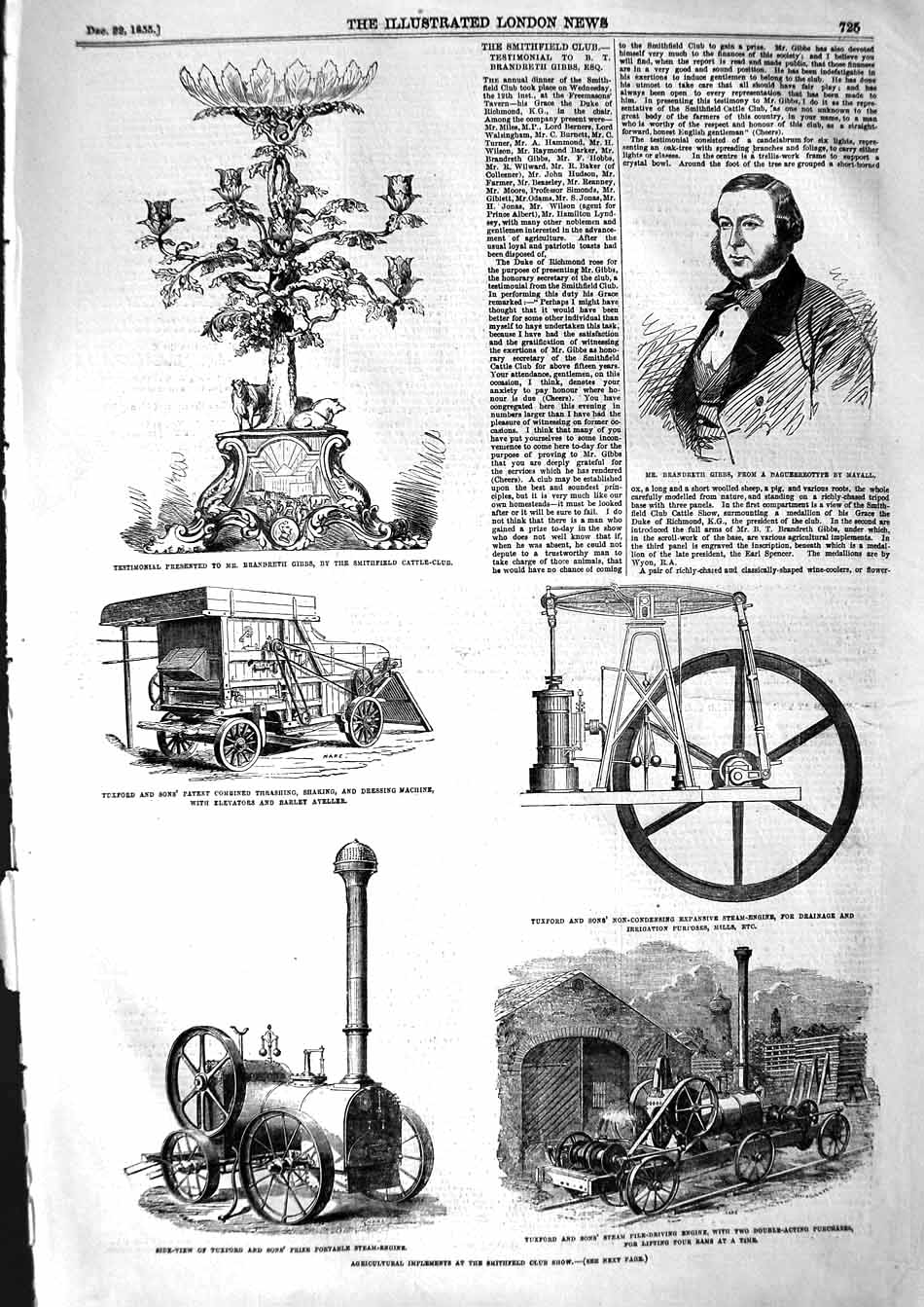 Original Old Antique Print 1855 Brandreth Gibbs Tuxford Portable Steam-Engine