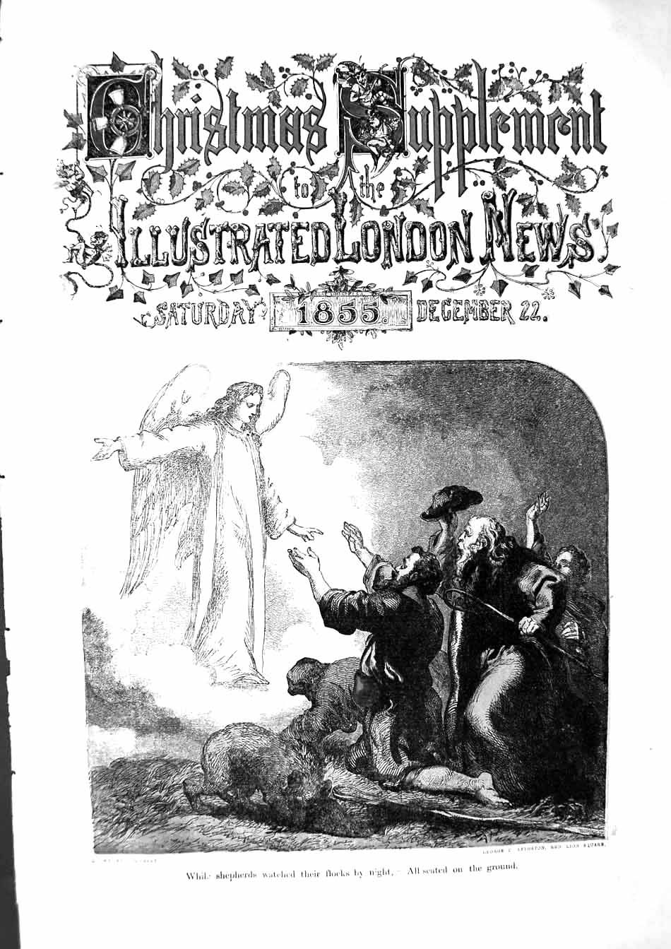 Original Old Antique Print 1855 Colour Shepherds Sheep Angel Leighton Victorian