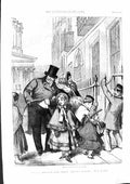 Original Old Antique Print 1855 Colour London Street Scene Church Christmas