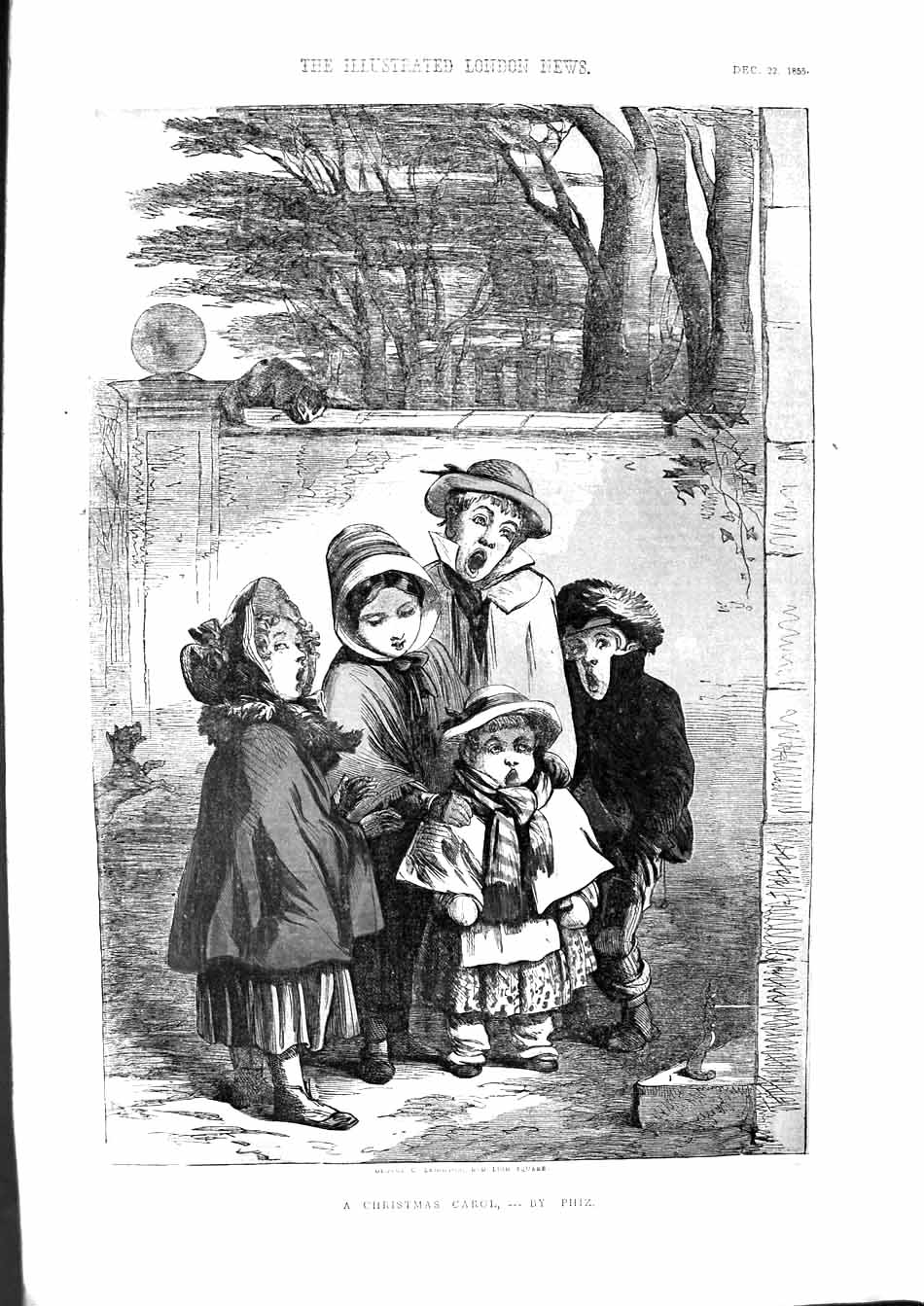 Original Old Antique Print 1855 Colour Christmas Carol Singing Children 19th