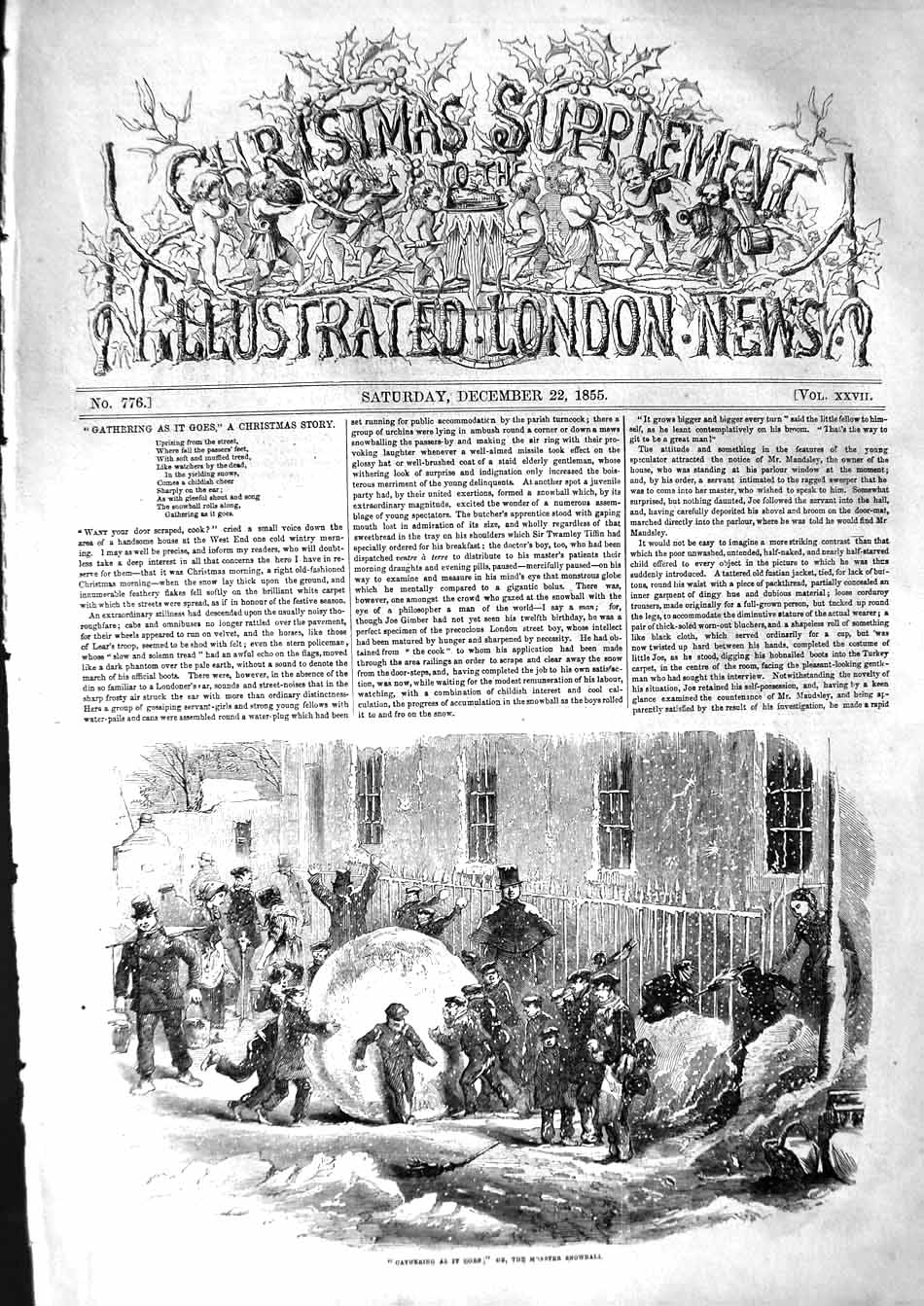 Original Old Antique Print 1855 Children Monster Snowball Snow Winter Scene