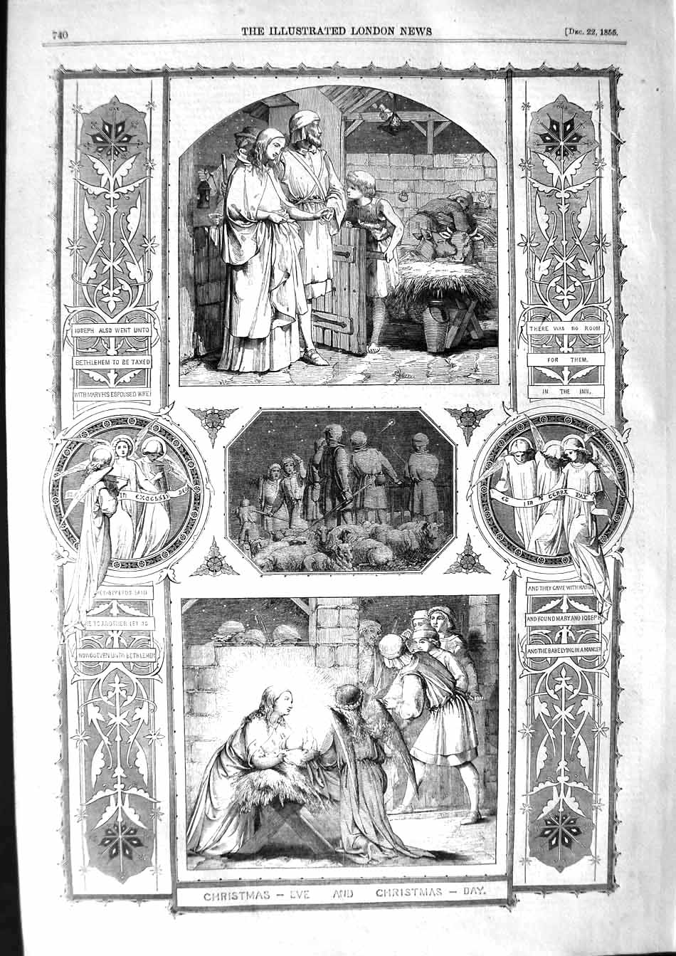 Original Old Antique Print 1855 Christmas Eve Holy Baby Jesus Stable Mary 19th