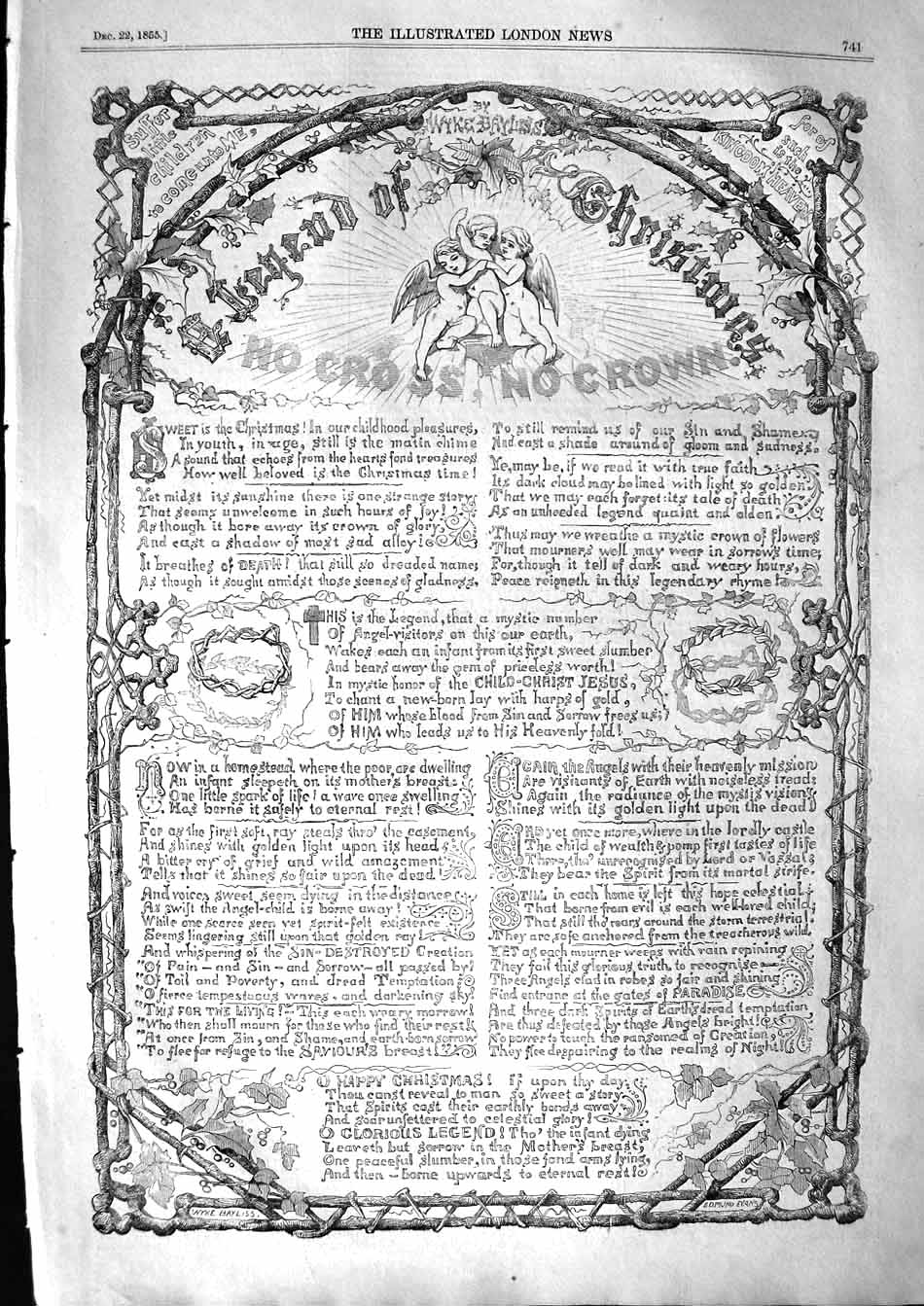 Original Old Antique Print 1855 Legend Christmas Story Noo Cross Crown 19th