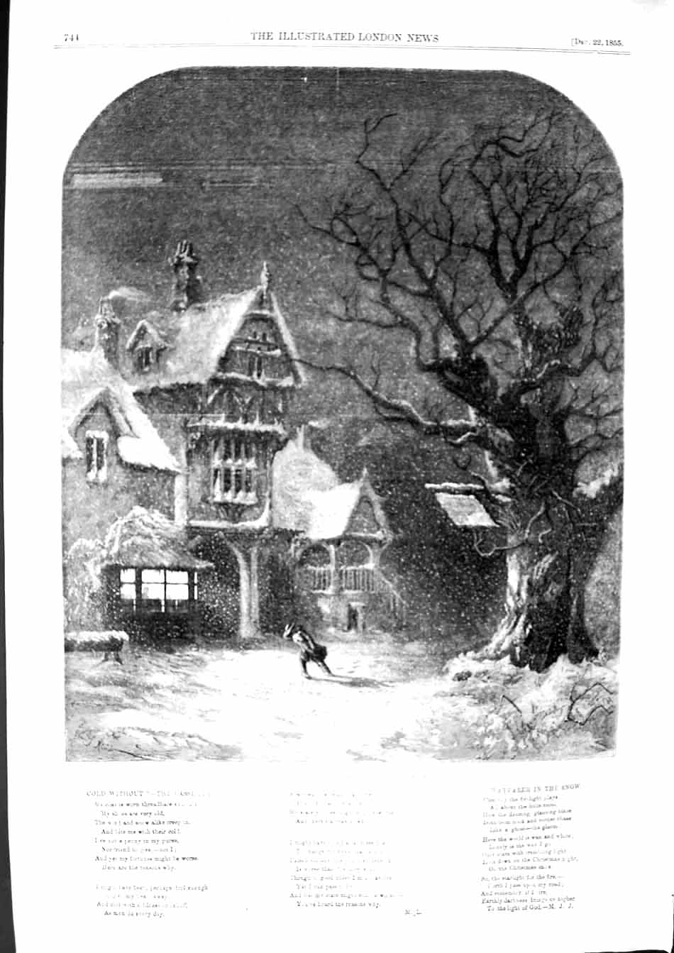 Original Old Antique Print 1855 Snow Street Scene House Trees Winter Victorian