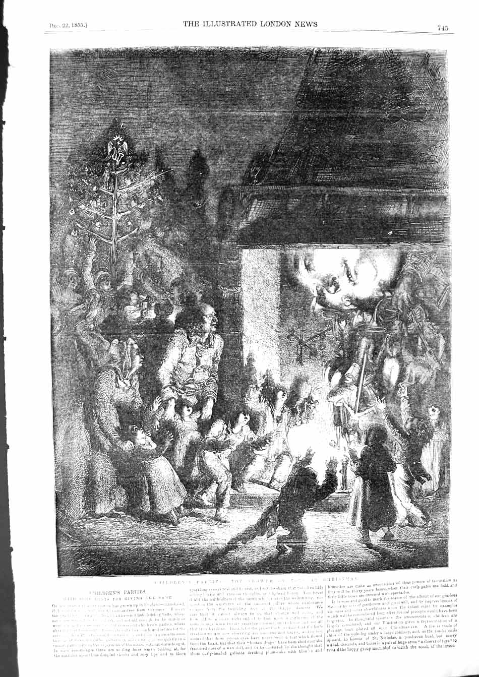 Original Old Antique Print 1855 Children Christmas Party Shower Toys Victorian