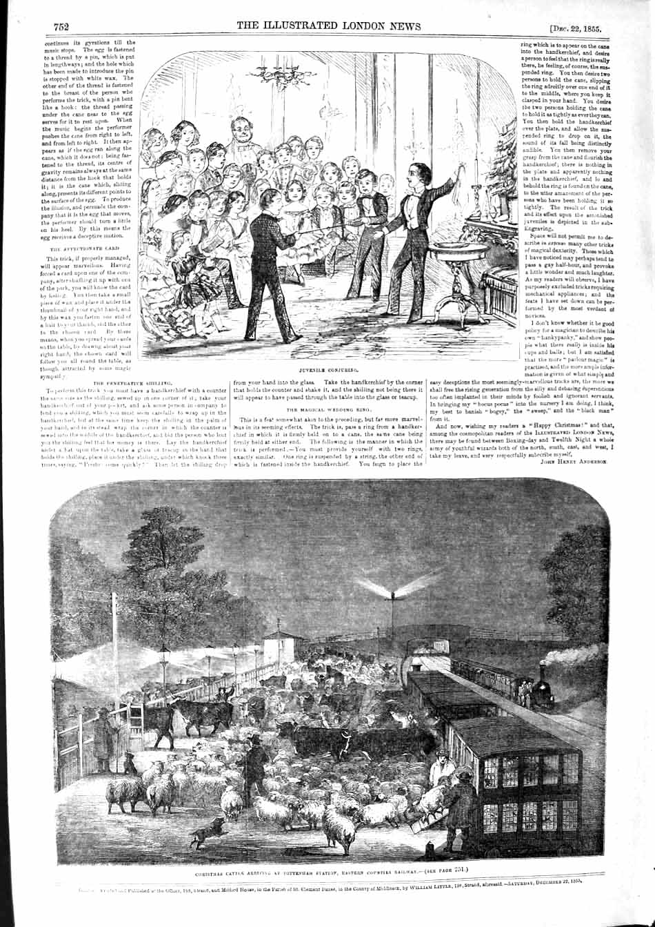 Old Antique Print 1855 Children Conjuring Cattle Tottenham Railway Train 19th