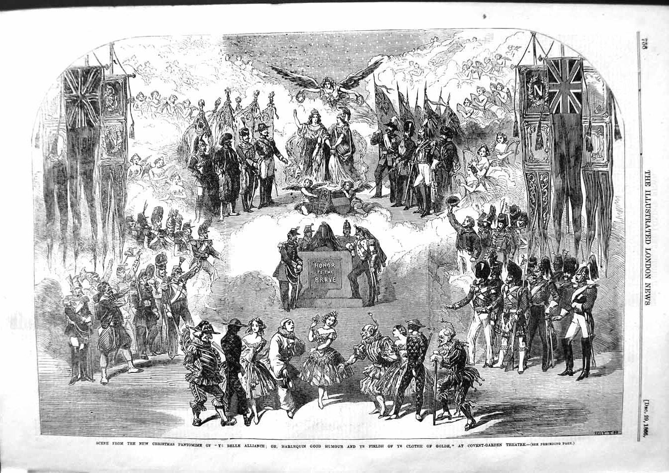 Original Old Antique Print 1855 Christmas Pantomime Covent Garden Theatre 19th
