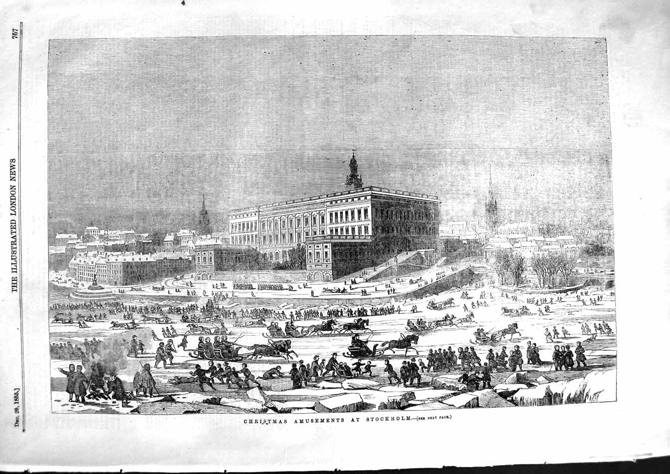 Original Old Antique Print 1855 Christmas Amusements Stockholm Sweden Winter
