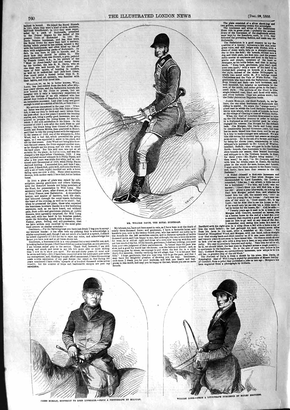 Old Antique Print 1855 William Davis Royal Huntsmen Morgan Long Lonsdale 19th