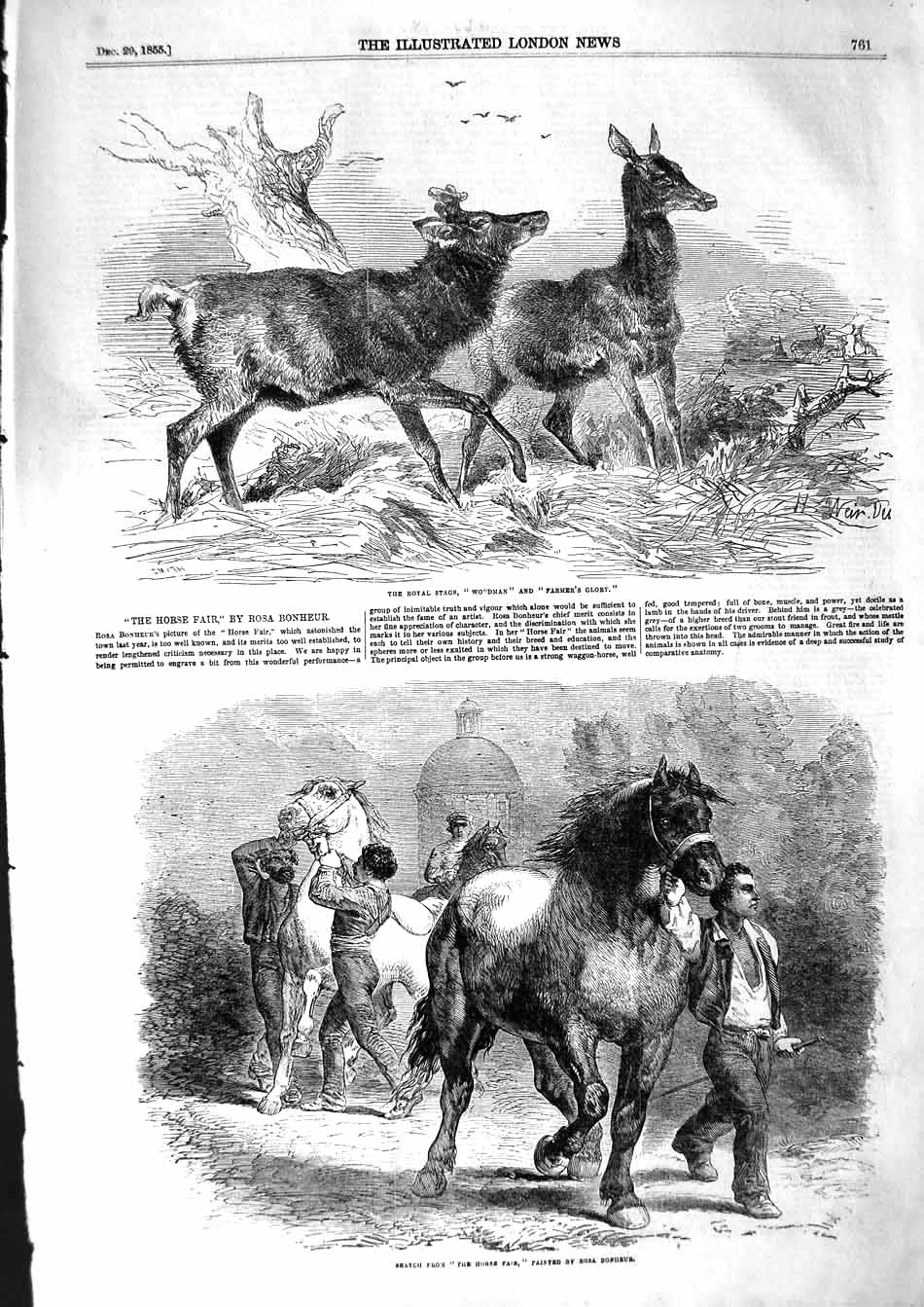 Original Old Antique Print 1855 Royal Stags Woodman Farmer'S Glory Horse Fair