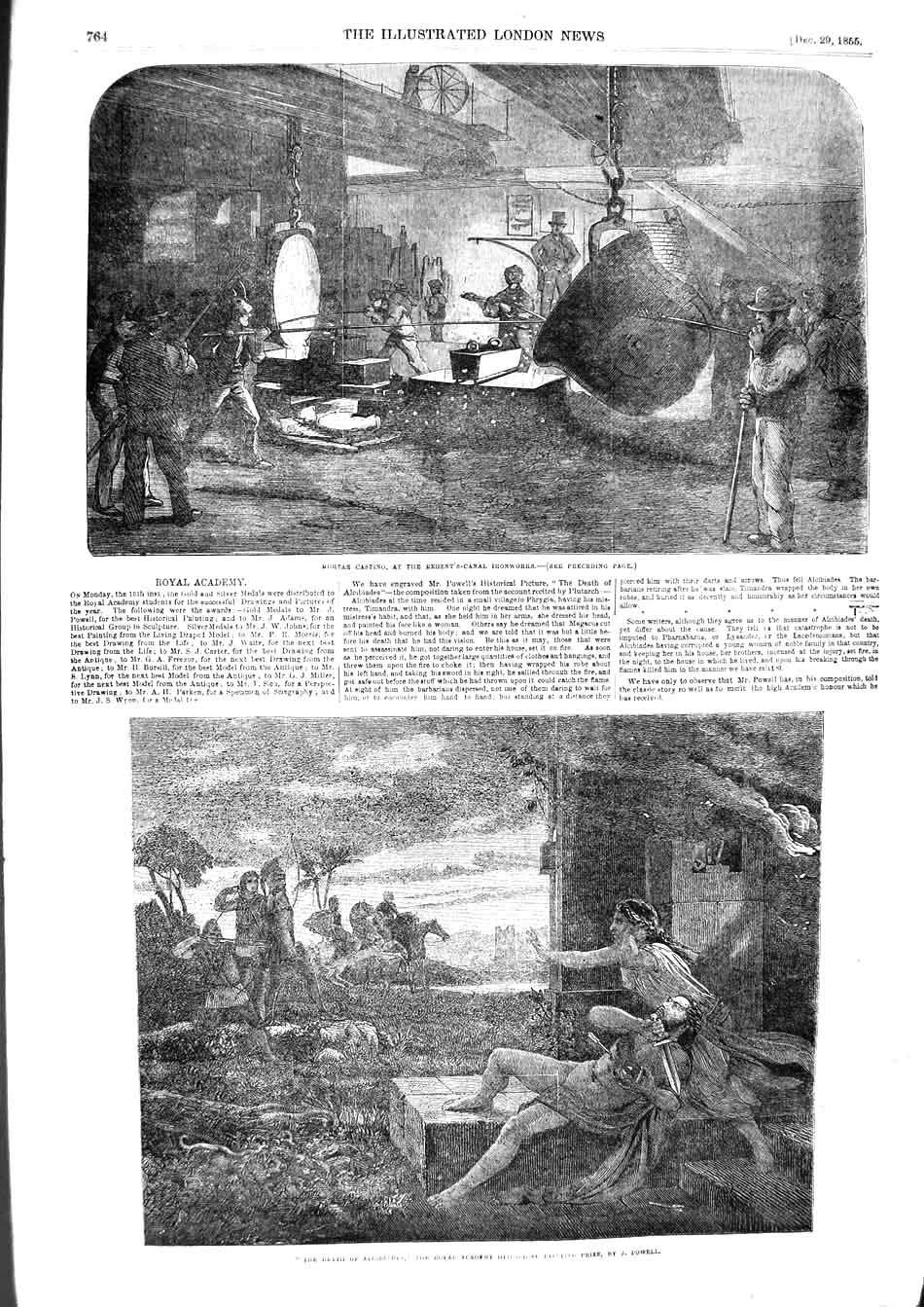 Original Old Antique Print 1855 Mortar Casting Ironworks Death Alcibiades Scene