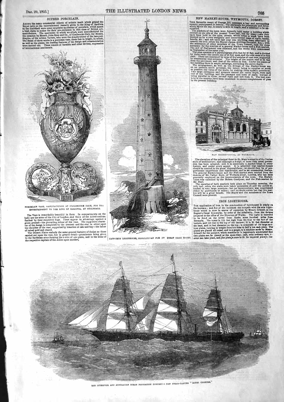 Original Old Antique Print 1855 Lighthouse Isaac Rocks Weymouth Royal Chart 19th