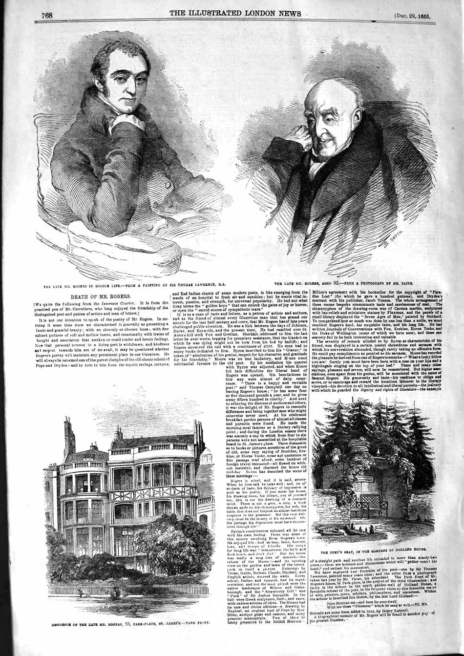 Old Antique Print 1855 Rogers Park-Place James'S Holland House Poet Seat 19th
